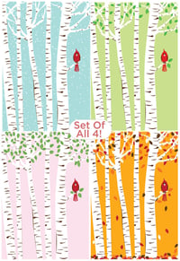 Image 1 of Set of All 4 Seasons Cardinal & Birch Trees Silkscreen Art Prints