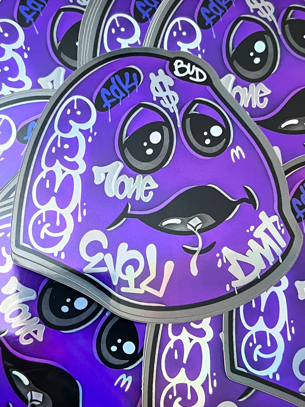 Evil Grimace Grey Holographic Stickers