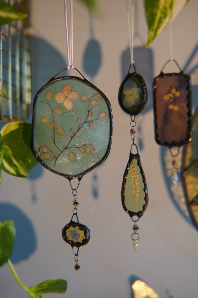 seafoam & yellow pressed flower drop