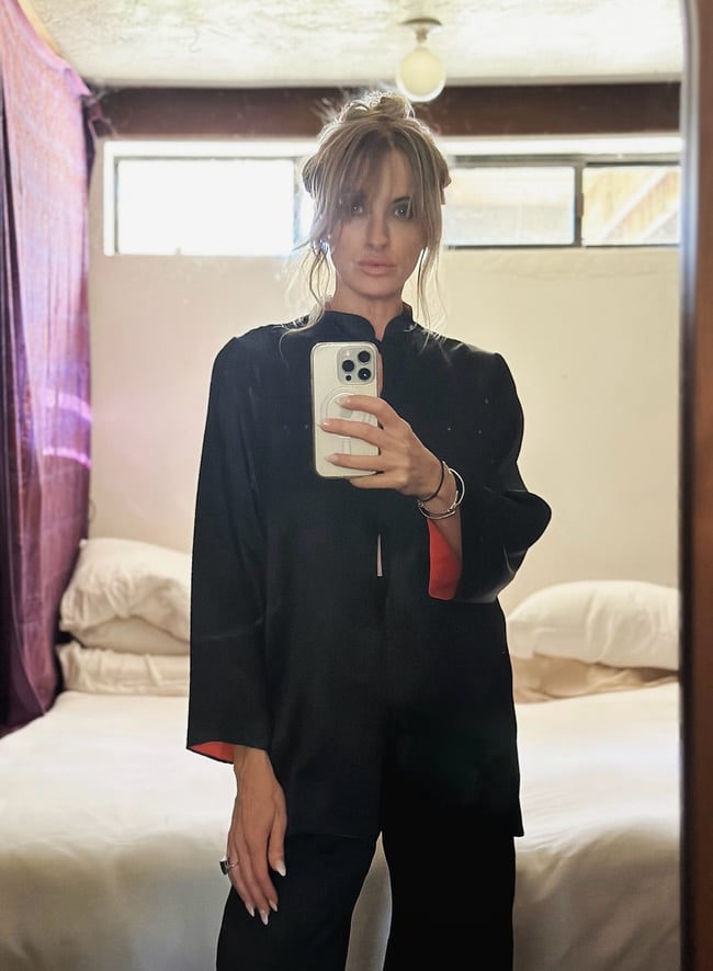 70s satin jacquard trouser set, red lining and hummingbird jacquard 