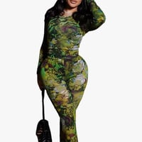 Image 1 of Floral Print See-Through Mesh Set green outfits two-piece set matching