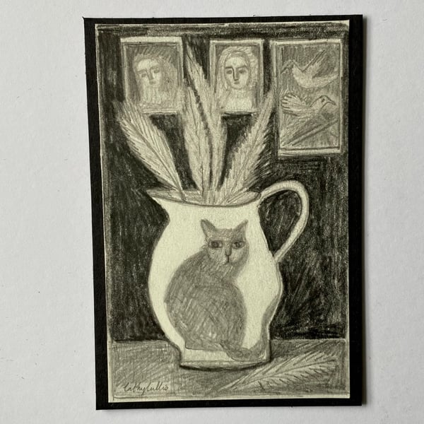 Image of Cat jug with feathers and paintings - October drawing 