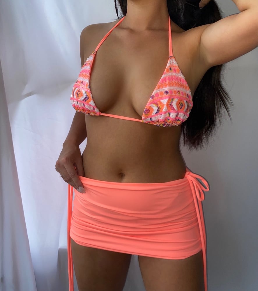 Image of Coral Sequin Bikini and Skirt