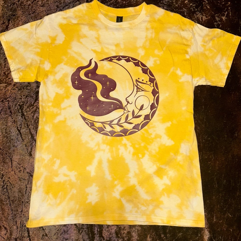 Image of yellow bleach dye tshirt with moon design 