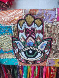 Image 5 of FRILL body cross Sari bag with HAMSA Hand detail /