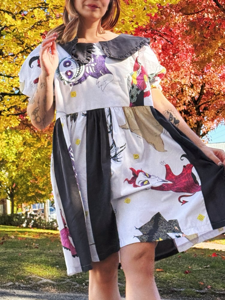 Image of Ruffle Collar Puff Sleeve Dress — Halloween Black Stripe