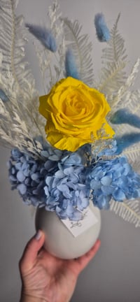Image 3 of Raewyn!! Blue and Yellow Preserved Flower Vase