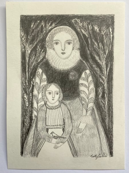 Image of portrait with toy bird in hand - original drawing