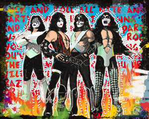 Image of KISS 16" X 20" Mixed Media on Mounted Canvas. 