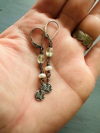 Image 2 of prehnite and pearl sterling silver charm earrings