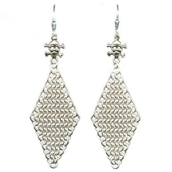 Image of Chainmaille Earrings with Skull and Crossbones - Sterling Silver
