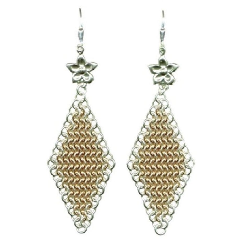 Image of Chainmaille Earrings with Flower - 14k Gold Fill, Sterling Silver