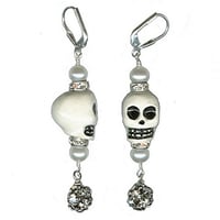 Skull Earrings - Ceramic, Pearl, Rhinestone, Sterling Silver