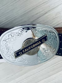 Image 3 of Vintage California silver buckle brown leather  belt 