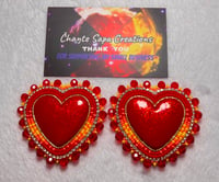 Image 2 of Hand Painted/Polished Dark Red Heart Beaded Earrings