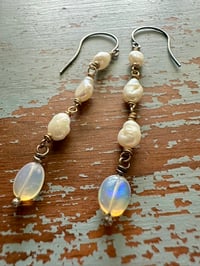 Image 4 of sterling and 14k gold pearl opal dangle earrings