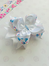 Image 1 of White and Blue Floral Hair Bow