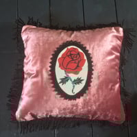 Image 1 of Red Rose Patch Pink Velvet Cushion Cover
