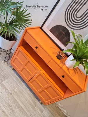 Image of Slim / Narrow hallway Sideboard in Tuscan Orange with black knobs.