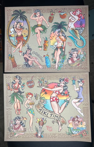 Image of 11”x14” Tiki Pinup Flash 2 Sheet Set with stencil line sheets 