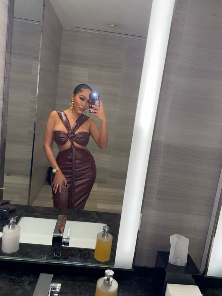 Image of BURGUNDY FAUX LEATHER CUTOUT MIDI DRESS (S/M)