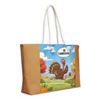 Image 2 of Oversized bag / purse ( cartoon turkey running saying no Thanksgiving) on light brown 