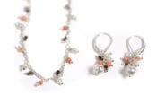 Image of Silver White Pearl and Coral Cluster Necklace and Earrings