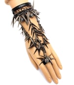 Image of Black Leather Silver Chain Multi Spike Ring to Wrist Armor Slave Bracelet 