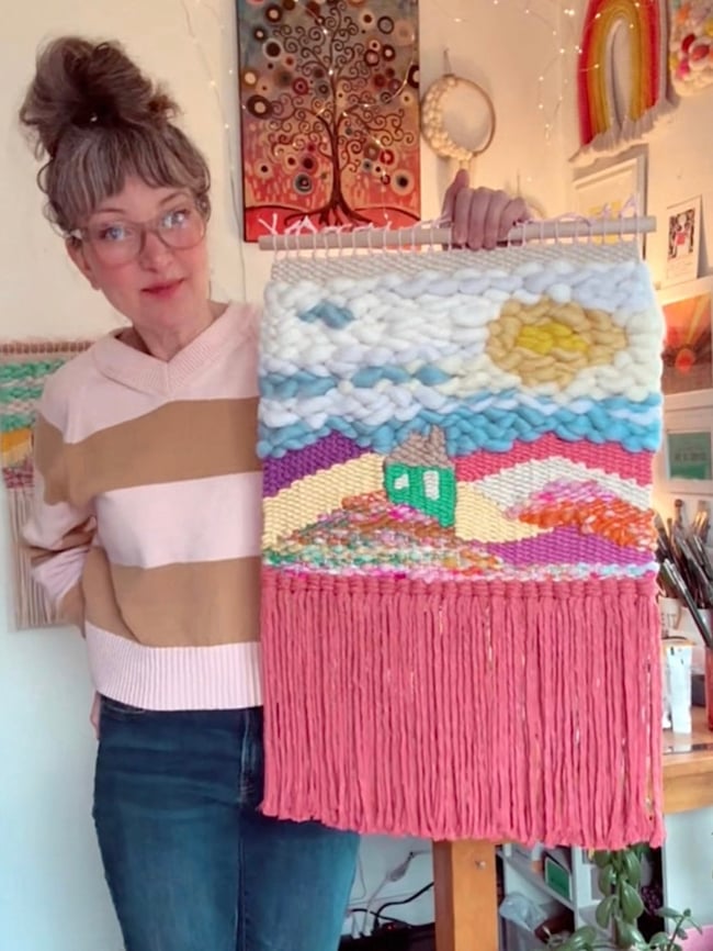 Little blue house & the rainbow mountains. Woven wall hanging.