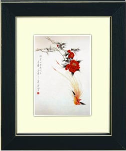 Image of framed print of Chinese Painting on canvas - Camellia and Terpsiphone Paradisi