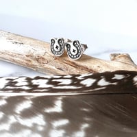 Image 2 of Handmade Sterling Silver Lucky Horseshoe Star Stud Earrings 925