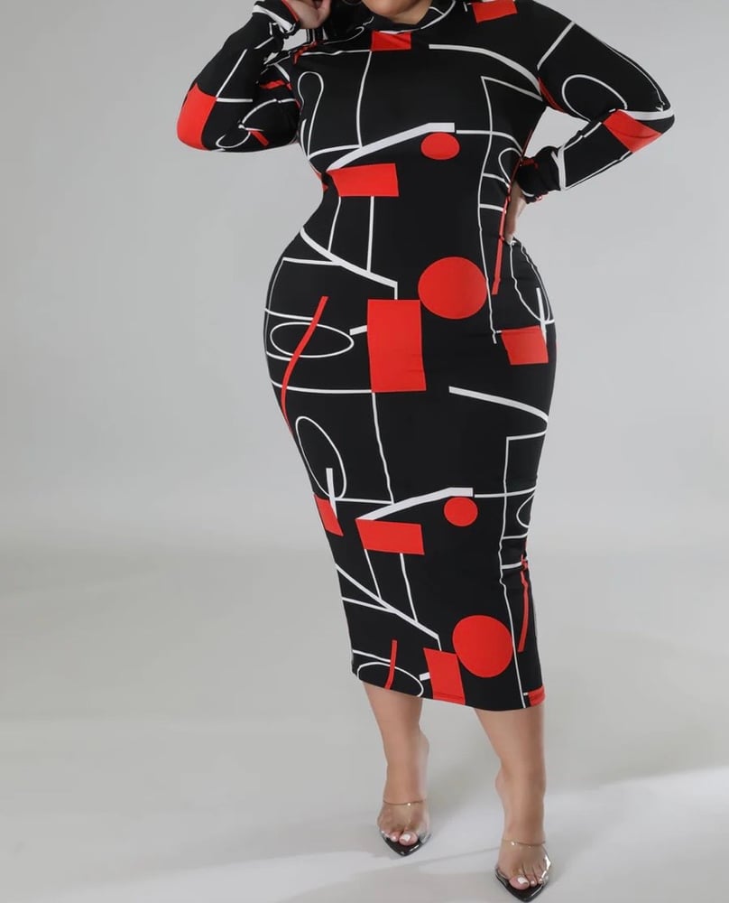 Image of Black, Red & White Abstract Print Midi Dress 