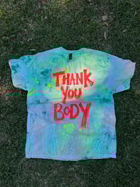 Image 2 of Green tie dye multi colour T shirt with fluro uv active orange text (XL)