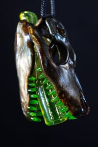 Image 2 of Opalized electrum alligator skull pendant with uv teeth & tip