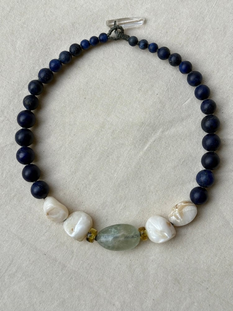 Image of Macrame choker lapis lazuli, shell, amber, and fluorite.