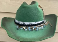 Image 1 of Handmade Green Torch Burned Cowboy Hat Layered Rope and Bead Band