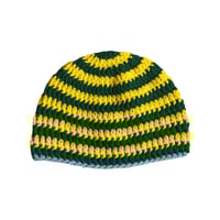 Yellow and Hunter Green Striped Fitted Beanie with Soft Blue Trim