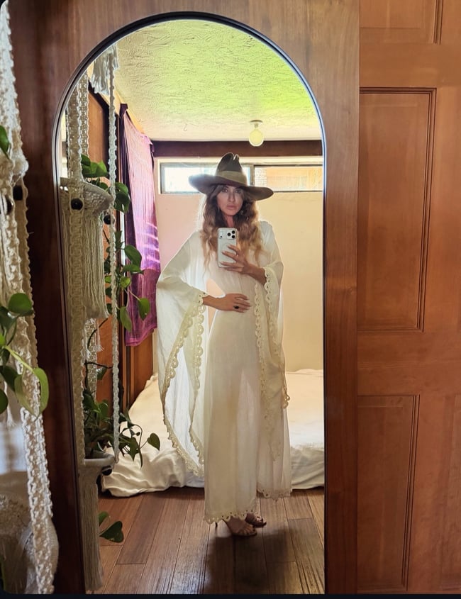 late 60s white gauze maxi dress with massive angel sleeves and crochet 