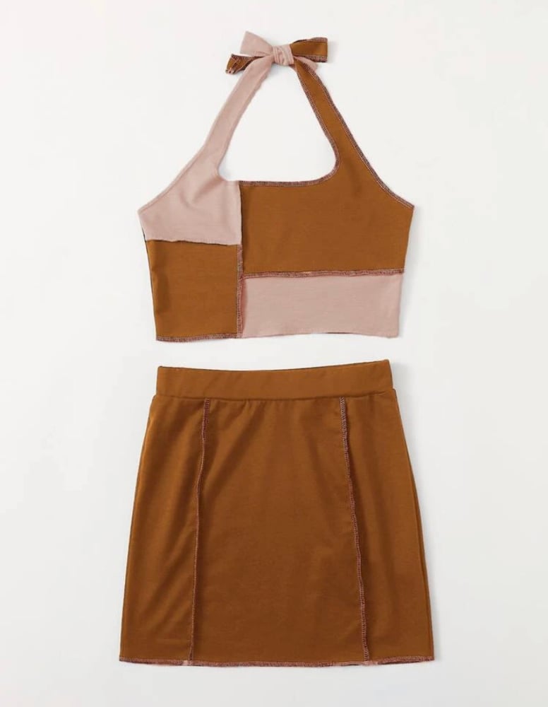 Image of Color block top-stitching Halter top with skirt
