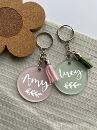 Image 1 of Personalised frosted Acrylic Circle Tassle keyring 