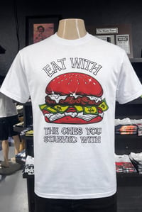 “Eat With The Ones You Straved With” T-shirt (White/Red)