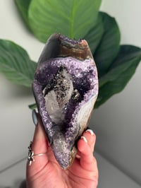 Image 4 of AMETHYST ON A CUSTOM STAND WITH A PERFECT SUGAR COATED CALCITE POINT -URUGUAY-