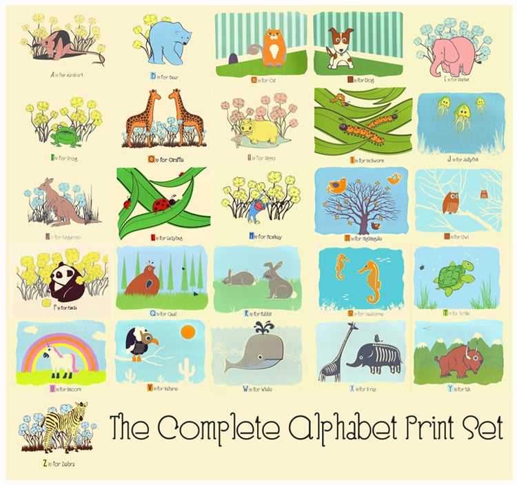 Image of The Complete A-Z Alphabet Silkscreen Nursery Art Print Set