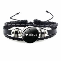 Image 4 of Jesus Fish Christian Symbol Bracelet Handmade Glass Gem Punk Black Woven Leather Bracelet Men'S And 