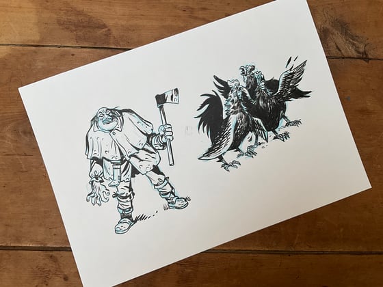 Image of Possessed woodsman and evil chickens. Original art ofr the witchcraft game.