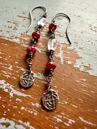 Image 13 of ruby and rainbow moonstone dangle earrings with sterling silver medallions