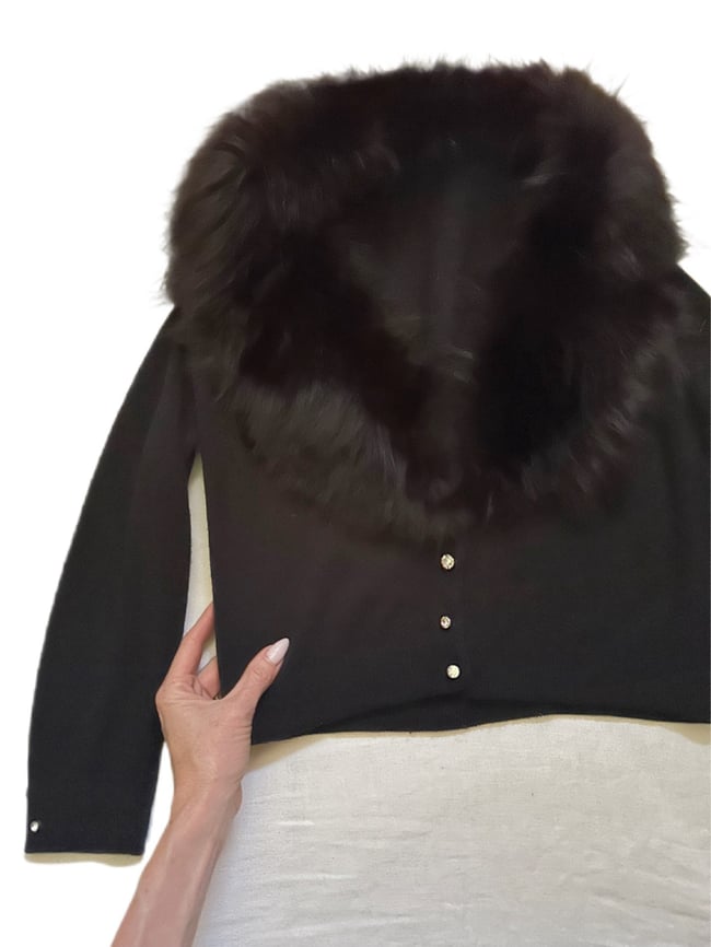 1950s 60s black cardigan sweater with real fur collar
