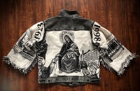 Image 2 of Upcycled “Saints” denim tapestry jacket