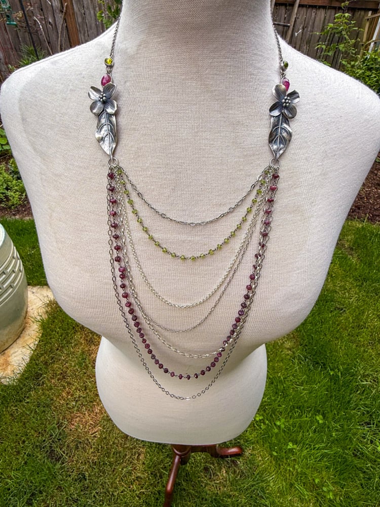 Image of Multi-Strand Dogwood Flower Long Draping Statement Necklace