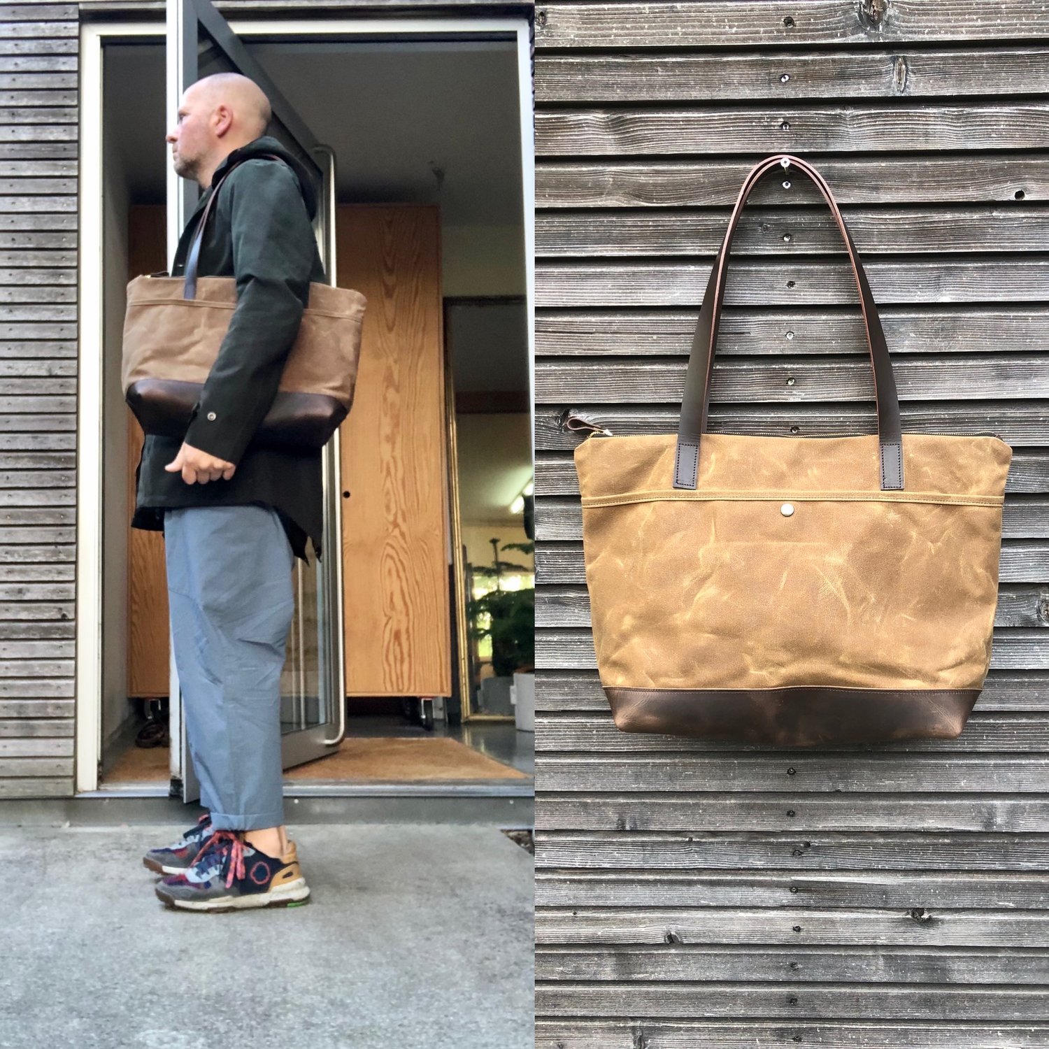 XL waxed canvas tote bag with leather handles and bottom / canvas ...